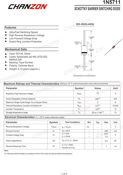 Chanzon 50 Pcs 1N5711 Schottky Barrier Rectifier Diodes 15mA 70V DO-35 (DO-204AH) Axial 5711 IN5711 15 mA 70 Volt Small Signal Switching Diode