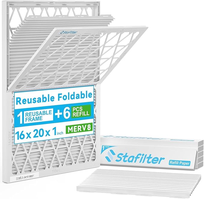 Reusable 16x20x1 Air Filter (MERV 8), 1 Foldable Frame + 6 Refills (Not Individual Filters), Greener HVAC AC Furnace Air Filters MPR 700&FPR 5(Actual Size:15.75"x19.75"x0.75")
