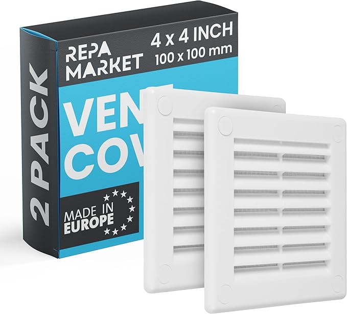 Repa Market 4 x 4 Inch (Outer) White Square Air Vent Cover - Pack of 2 Plastic Fresh Air Intake Vent - AC Cover with Nylon Mesh Screen, Wall, Ceiling HVAC Return Air Register, Modern Soffit Vents