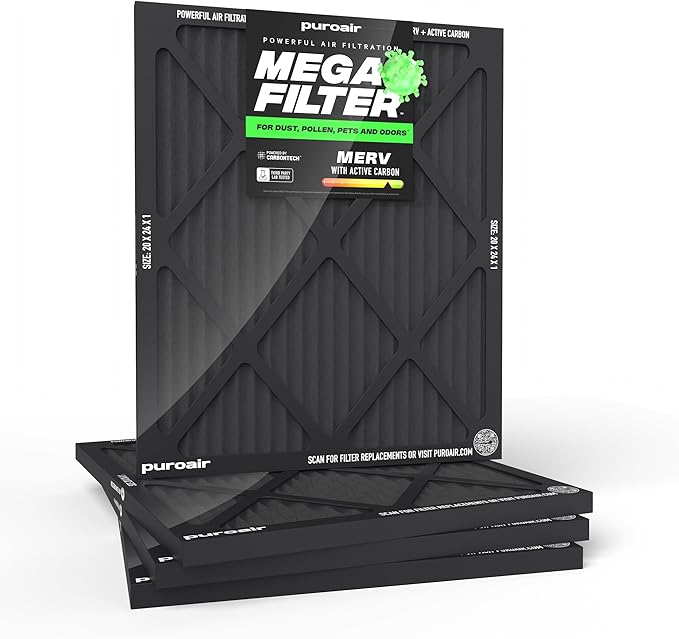 PuroAir MegaFilter - 20x24x1 Air Filter MERV 13 Activated CarbonTech Defense - Heavy Duty 3 Layer Furnace Filters Allergens, Pollen, Dust, Pet Dander, Smoke, Odors - HVAC Air Filter 20x24x1 (4-Pack)