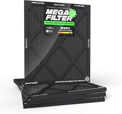 PuroAir MegaFilter - 20x24x1 Air Filter MERV 13 Activated CarbonTech Defense - Heavy Duty 3 Layer Furnace Filters Allergens, Pollen, Dust, Pet Dander, Smoke, Odors - HVAC Air Filter 20x24x1 (4-Pack)