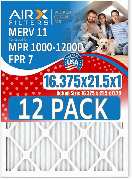 16.375x21.5x1 Air Filter MERV 11 Rating, 12 Pack of Furnace Filters Comparable to MPR 1000, MPR 1200 & FPR 7 - Made in USA by AIRX FILTERS WICKED CLEAN AIR.
