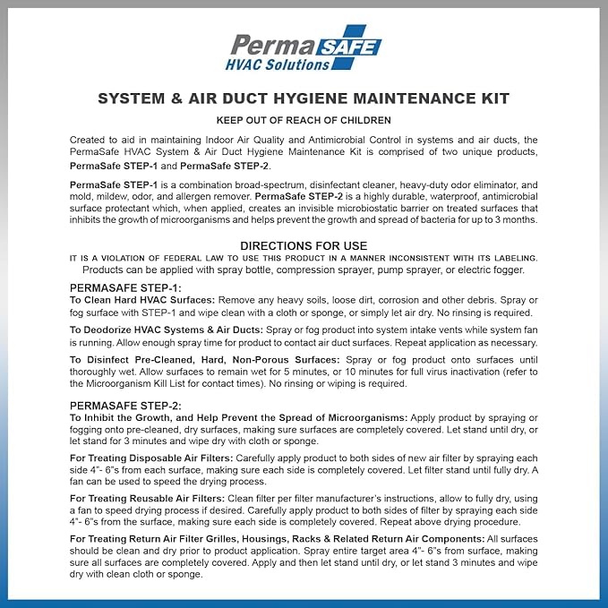 PermaSafe HVAC Solutions, System & Air Duct Hygiene Maintenance Kit, Preserves IAQ, Keeps Systems Free from Microbial Growth, other Contamination, Odors and More