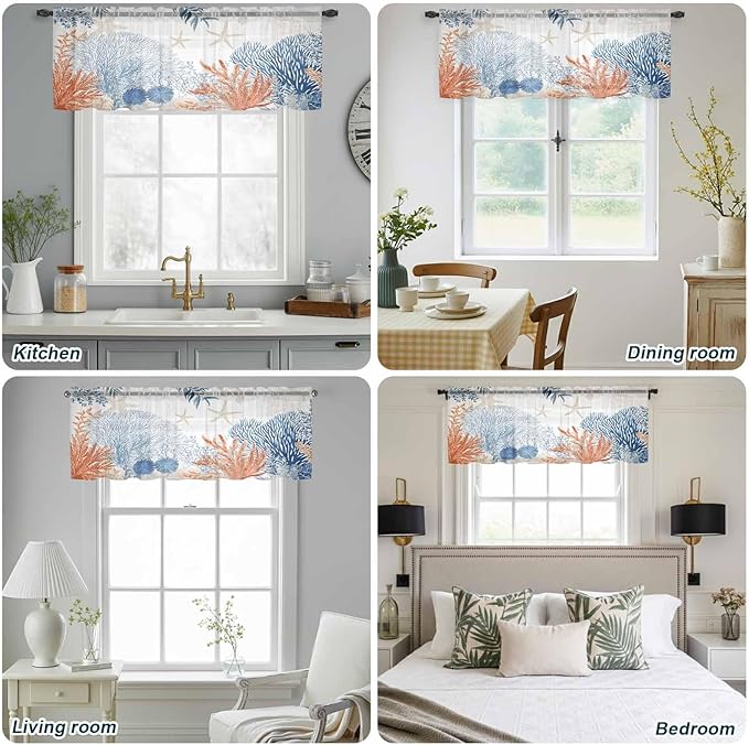 Ocean Corals Sheer Valance Curtains, Summer Beach Coral Sea Stars Light Filtering Kitchen Valances Rod Pocket Voile Curtain Window Treatment for Bedroom/Living Room/Basement 60Wx18L