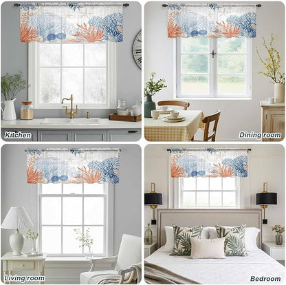 Ocean Corals Sheer Valance Curtains, Summer Beach Coral Sea Stars Light Filtering Kitchen Valances Rod Pocket Voile Curtain Window Treatment for Bedroom/Living Room/Basement 42Wx18L