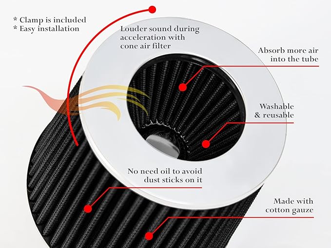 BLACK 4" 102 mm Inlet Truck Air Cone Replacement Performance Washable Clamp-On Dry Air Filter (8" Tall)