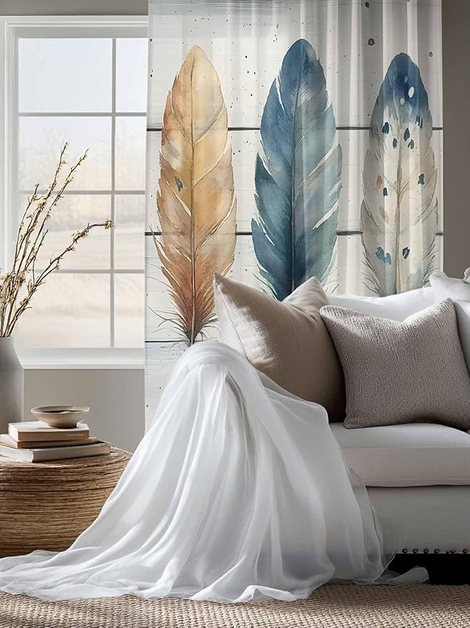 Sheer Curtains 72 Inches Long, Boho Blue Feathers Semi Sheer Curtains Light Filtering Window Treatment, Country Vintage Wooden Grain Privacy Voile Drapes for Living Room Bedroom 52x72 Inch