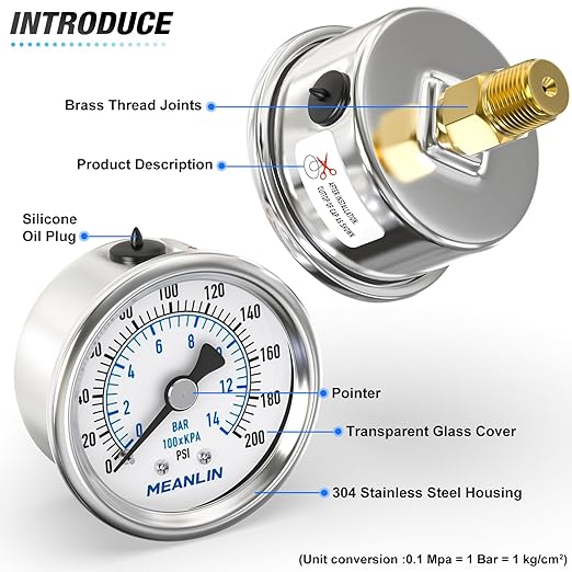 MEANLIN MEASURE 0~200Psi Dry Pressure Gauge Stainless Steel 1/4" NPT 2" FACE DIAL Waterproof for Air Compressor Air Regulator Water Filter Center Back Mount, with 1/2" NPT and 3/8" NPT Hex Bushing