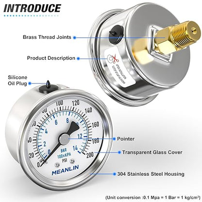 MEANLIN MEASURE 0~200Psi Dry Pressure Gauge Stainless Steel 1/4" NPT 2" FACE DIAL Waterproof for Air Compressor Air Regulator Water Filter Center Back Mount, with 1/2" NPT and 3/8" NPT Hex Bushing