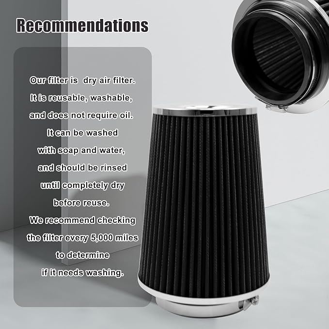 RYANSTAR 102mm 4" High Flow Round Tapered Cone Cool Air Filter Cleaner with Top Filter Design Short 231mm tall Black
