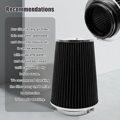 RYANSTAR 102mm 4" High Flow Round Tapered Cone Cool Air Filter Cleaner with Top Filter Design Short 231mm tall Black