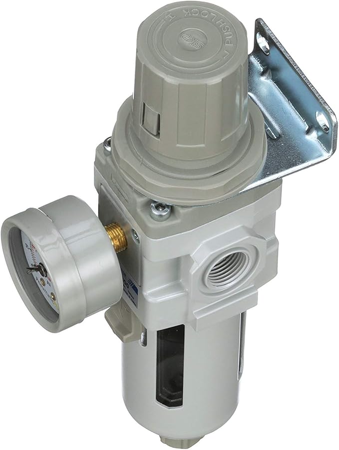 PneumaticPlus SAW300-N03BG Compressed Air Filter Regulator Piggyback Combo 3/8" NPT - Poly Bowl, Manual Drain, Bracket, Gauge