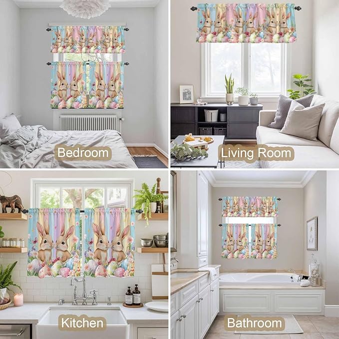 Easter Kitchen Curtains Set 3 Piece for Windows, Rod Pocket Valance and Tier Set 36 Inch Length, Spring Bunny Eggs Botanical Floral Wooden Grain Light Filtering Cafe Curtains for Living Room Bathroom