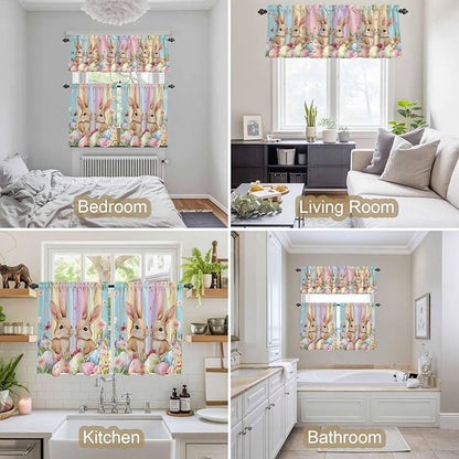 Easter Kitchen Curtains Set 3 Piece for Windows, Rod Pocket Valance and Tier Set 36 Inch Length, Spring Bunny Eggs Botanical Floral Wooden Grain Light Filtering Cafe Curtains for Living Room Bathroom