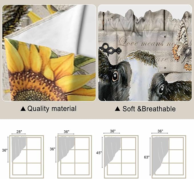 Yellow Sunflowers Swag Valances for Windows, Farmhouse Cow Barn Doors Floral Butterfly Rod Pocket Kitchen Curtains Valance, Small Window Curtains Swag for Cafe Living Room, 2 Panels, 36x36 inch