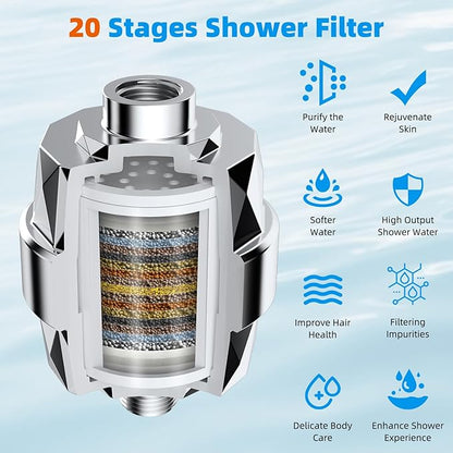 Hibbent Shower Filter for Hard Water, High Output Shower Head Filter to Remove Chlorine and Fluoride, 20 Stage Showerhead Filter, Shower Water Filter with 2 Replaceable Filter Cartridges, Chrome