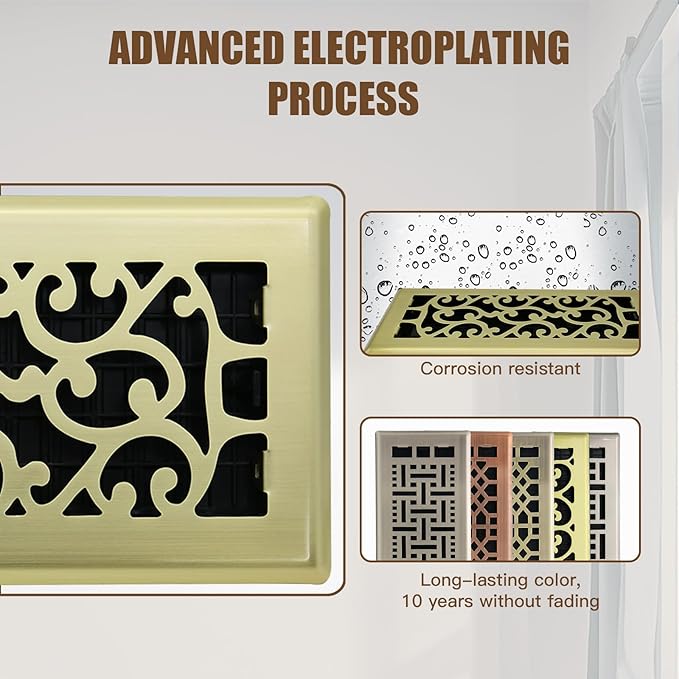 2 Packs Floor Vent Air Register 4X10 Inch Brushed Gold Color Floor Register Vents Heavy Duty Walkable Steel Floor Register Easy Adjust