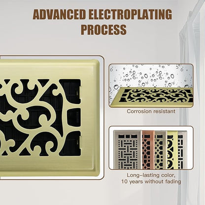 2 Packs Floor Vent Air Register 4X10 Inch Brushed Gold Color Floor Register Vents Heavy Duty Walkable Steel Floor Register Easy Adjust