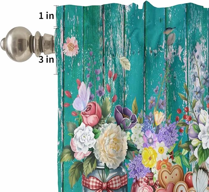 Spring Flowers Kitchen Curtain Set, Farmhouse Watercolor Teal Wood Grain Window Valance and Tiers 36" Length, Light Filtering Short Curtains Valance for Cafe Bathroom Bedroom 54"x18"