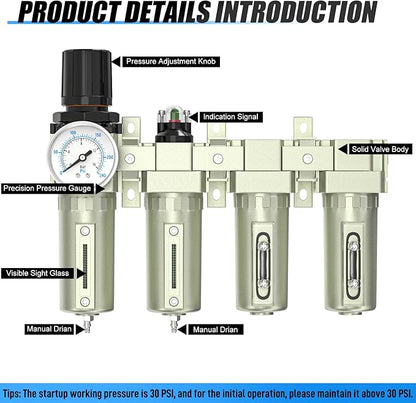 3/4" NPT Heavy Duty Industrial Grade 4 Stage Air Drying System,Coalescing Filter,Particulate Filter,Double Desiccant Dryer and Air Regulator,Manual Drain,For Plasma Cutter and Paint Spray
