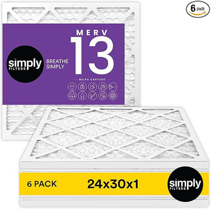 Simply 24x30x1 Air Filter, MERV 13, 6 Pack, For Home AC Furnace & HVAC (Actual Size: 23.94"x29.94"x0.75") DUST, Pet, & Allergy Control
