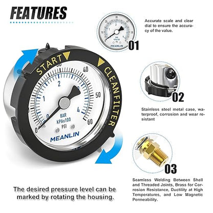 MEANLIN MEASURE 0~60Psi Stainless Steel Start and Clean Filter Pressure Gauge 1/4" NPT 2"FACE DIAL Waterproof for Pool Filter Pump Swimming Pool, spa, Aquarium Back Mount with Rotatable Plastic Frame