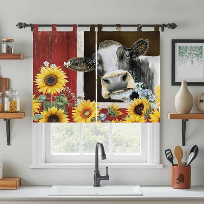 Cows Sunflowers Kitchen Curtains 45 Inch Length, Short Cafe Window Curtains Tab Top, Rustic Farms Barns Flowers Bees Animals Light Filtering Window Treatments Tier Drapes 27.5"x45" 2 Panel