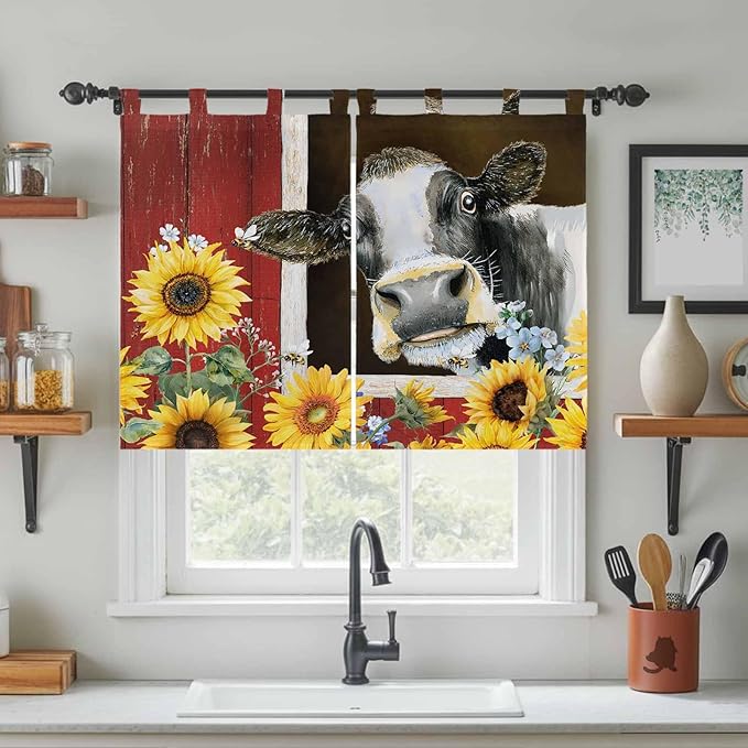 Cows Sunflowers Bedroom Curtains 63 Inch Length, Window Curtains Tab Top, Rustic Farms Barns Flowers Bees Animals Light Filtering Window Treatments Drapes 42"x63" 2 Panel