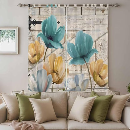 Watercolor Flowers Living Room Curtains 96 Inch Length, Window Curtains Tab Top, Vintage Tulips Floral Barn Doors Wood Grain Light Filtering Window Treatments Drapes 52"x96" 2 Panel