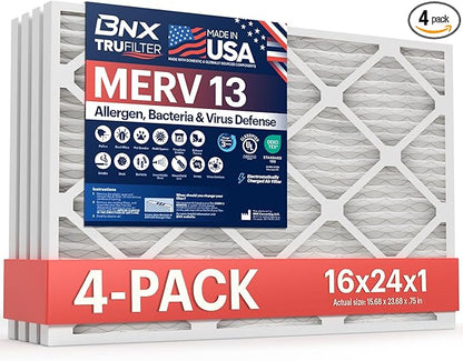BNX TruFilter 16x24x1 Air Filter MERV 13 (4-Pack) - MADE IN USA - Electrostatic Pleated Air Conditioner HVAC AC Furnace Filters for Allergies, Pollen, Mold, Bacteria, Smoke, Allergen, MPR 1900 FPR 10