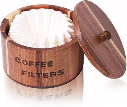 Acacia Wood Coffee Filter Holder and Storage - Round Container for Coffee Bar Organizer, Rustic Dispenser Basket