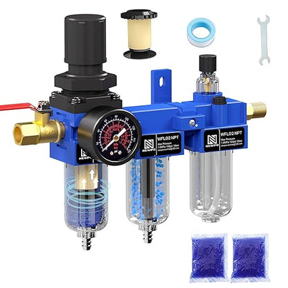 NEWPO 1/4" NPT Compressed Air Filter Regulator Lubricator Combo, Water/Oil Trap Separator,Brass Filter & Desiccant Dryers,Semi-Auto Drain,Metal Bracket-Blue