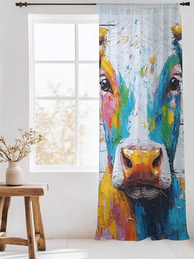 Sheer Curtains 84 Inches Long, Funny Colorful Cow Semi Sheer Curtains Light Filtering Window Treatment, Retro Rustic Oil Painting Wood Grain Privacy Voile Drapes for Living Room Bedroom 52x84 Inch