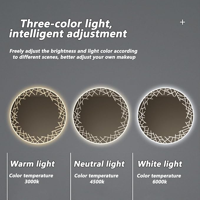 Bathroom Mirror with LED Lights, Wall Mirror with Touch Sensor, Round Mirror with Demister Pad, 3 Light Modes, for Living Room and Bathroom(A,80cm/31.5in)