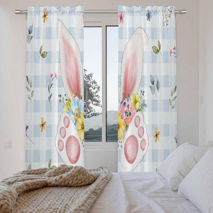 Easter Window Curtains 72 Inch Long 2 Panel Set, Rod Pocket Long Curtains & Drapes, Spring Rabbits Ears Feet Floral Blue Lattice Light Filtering Window Treatment for Bedroom Living Room 52"W x 72"L