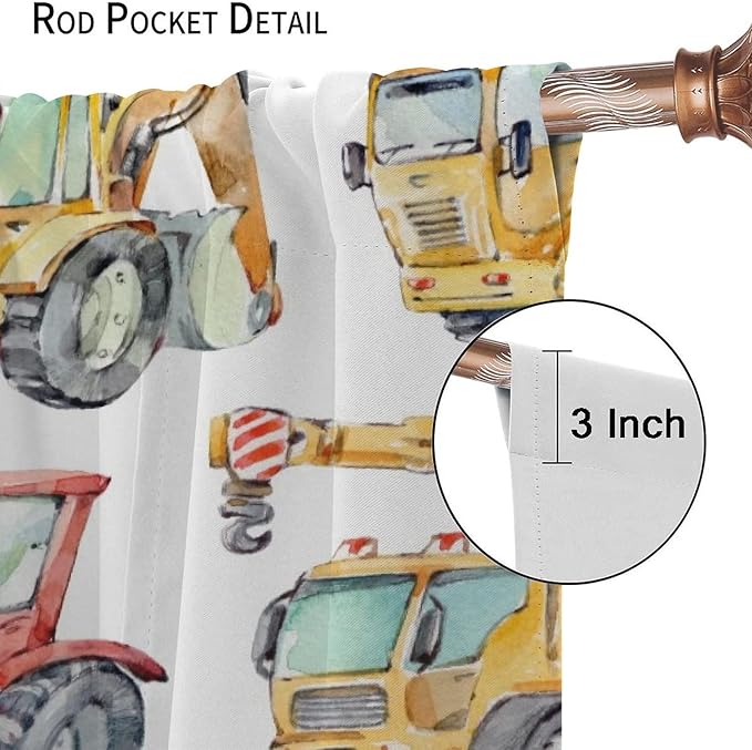 Kids Excavator Curtains, Retro Truck Tractor Machinery Construction Vehicle Crane Digger Mixer Rod Pocket Decorative Windows Curtain for Teens Girls Boys Room 72x63in (30% Blackout)