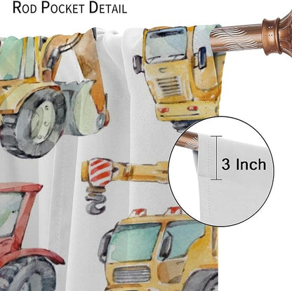 Kids Excavator Curtains, Retro Truck Tractor Machinery Construction Vehicle Crane Digger Mixer Rod Pocket Decorative Windows Curtain for Teens Girls Boys Room 72x63in (30% Blackout)