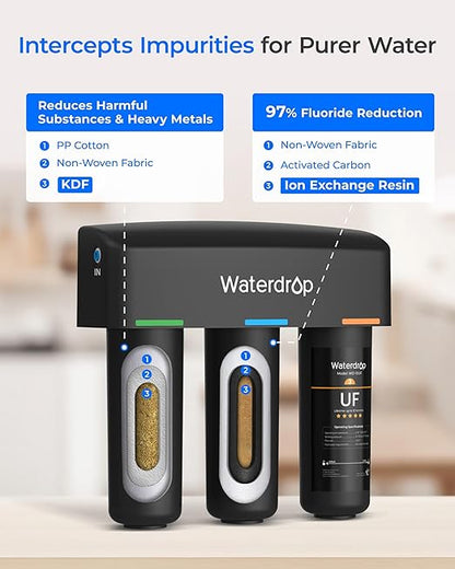 Waterdrop TSB-UF 0.01 μm Ultra Filtration Under Sink Water Filter System, 9 Layer Under Sink Water Filtration System, Reduces Chlorine, Fluoride, Taste and Odor, with A Separate Faucet, Quick Change