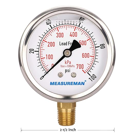 MEASUREMAN Lead-Free Pressure Gauge, 2-1/2inch Dial, Glycerin Filled, 0-100psi/kpa, Stainless Steel Case, 1/4inchNPT Lower Mount
