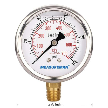 MEASUREMAN Lead-Free Pressure Gauge, 2-1/2inch Dial, Glycerin Filled, 0-100psi/kpa, Stainless Steel Case, 1/4inchNPT Lower Mount