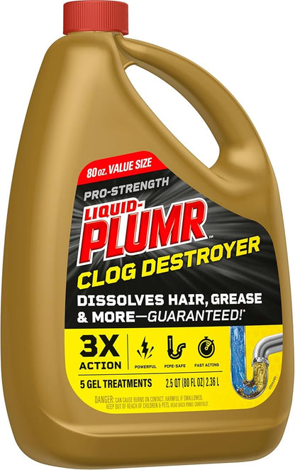 Clorox Liquid-Plumr Pro-Strength Clog Destroyer, Liquid Drain Cleaner, 80 Fluid Ounces (Package May Vary)