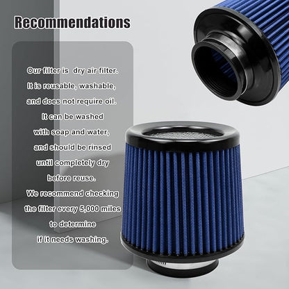 RYANSTAR RACING 76mm 3" High Flow Round Tapered Cone Cool Air Filter Cleaner with Top Filter Design Short 163mm tall Blue