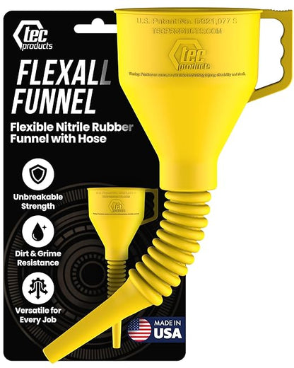 TEC Products FlexAll Long Flexible Funnels - Automotive Oil Funnel with Hose, Durable Nitrile Rubber for Oil Change, Transmission Funnel Fluid, Diesel, Fuel, Gas - Made in USA - Yellow (16 x 5 Inches)