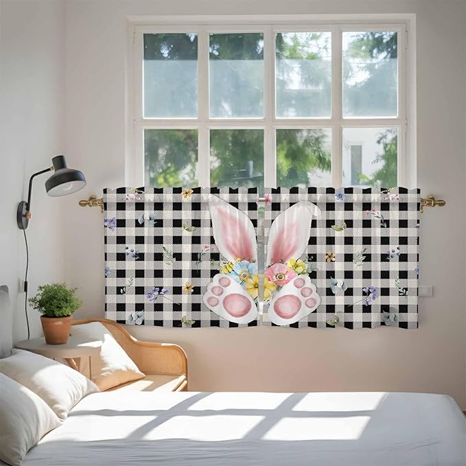 Easter Kitchen Tier Curtains 24 Inch Long 2 Panel Set,Rod Pocket Cafe Small Window Curtains Over Sink,Spring Rabbits Ears Feet Wildflowers Black Plaid Light Filtering Short Drapes 27.5"W x 24"L