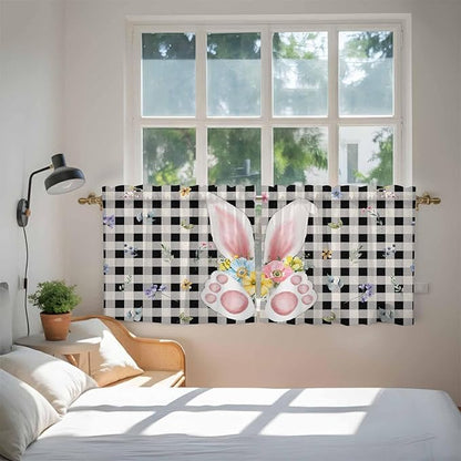 Easter Kitchen Tier Curtains 24 Inch Long 2 Panel Set,Rod Pocket Cafe Small Window Curtains Over Sink,Spring Rabbits Ears Feet Wildflowers Black Plaid Light Filtering Short Drapes 27.5"W x 24"L