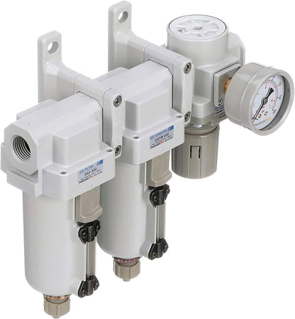 PneumaticPlus SAU430-N06G-MEP Three Stage Air Drying System Particulate Air Filter, Coalescing Filter, Air Pressure Regulator Combo 3/4" NPT - Metal Bowl, Manual Drain, Bracket, Gauge