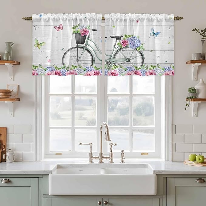 Spring Tier Curtains, Bicycles Botanical Rose Leaves Butterfly Wood Grain Light Filtering Kitchen Curtains, 2Pcs Rod Pocket Half Window Treatments Panels for Sink Cafe Cabinet Camper 27.5x24 Inches