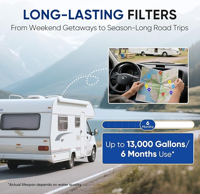 PUREPLUS RV Dual Stage Water Filter System with Grooved Sediment and KDF/Carbon Cartridges, Stainless Steel 3/4" Fittings, Reduces Sediment, Heavy Metals, Chlorine, Odors and More