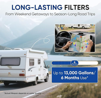 PUREPLUS RV Dual Stage Water Filter System with Grooved Sediment and KDF/Carbon Cartridges, Stainless Steel 3/4" Fittings, Reduces Sediment, Heavy Metals, Chlorine, Odors and More
