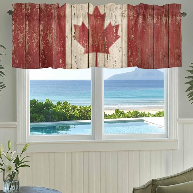 Canada Curtain Valances for Windows, Kitchen Valance Window Treatment, Red Maple Leaf Flag Vintage Farmhouse Wooden Grain Light Filtering Block Curtains for Bathroom/Bedroom/Living Room 42'' x 18''